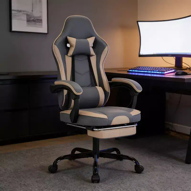 Silla de gaming, silla ergonómica de ordenador con reposapiés y soporte lumbar de masaje, silla de videojuego giratoria y regulable en altura
