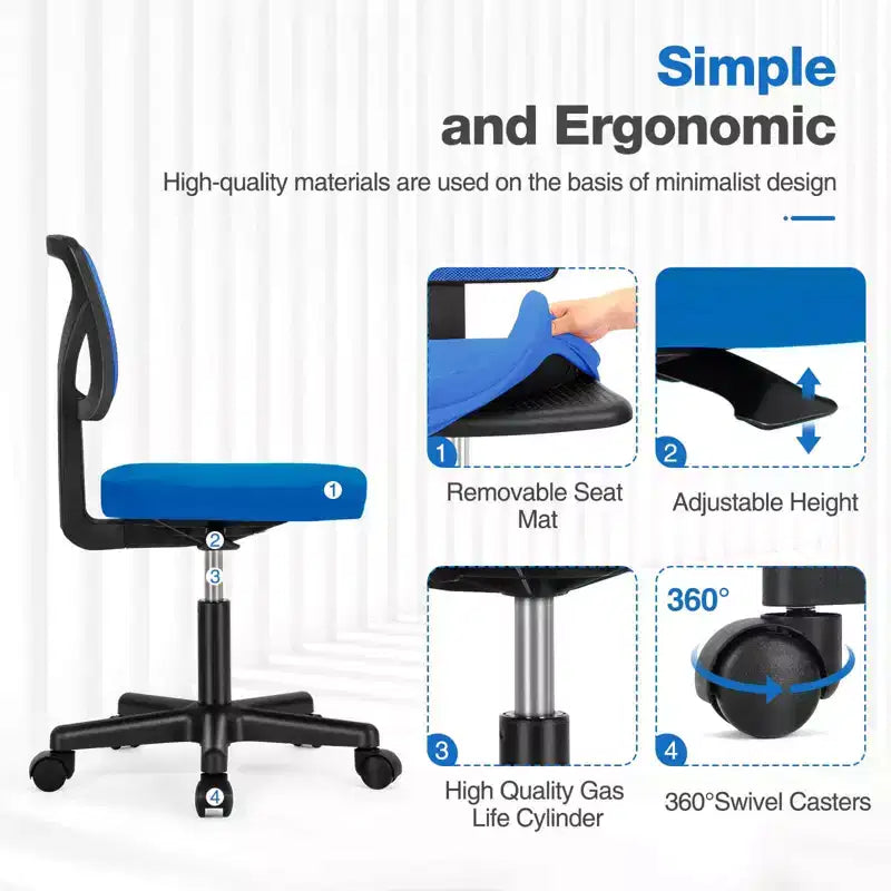 Silla de oficina de malla sin brazos con altura ajustable y soporte lumbar, silla de escritorio giratoria con ruedas para espacios pequeños