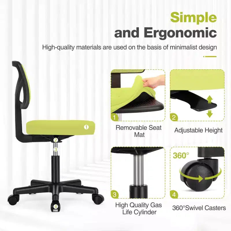 Silla de oficina de malla sin brazos con altura ajustable y soporte lumbar, silla de escritorio giratoria con ruedas para espacios pequeños
