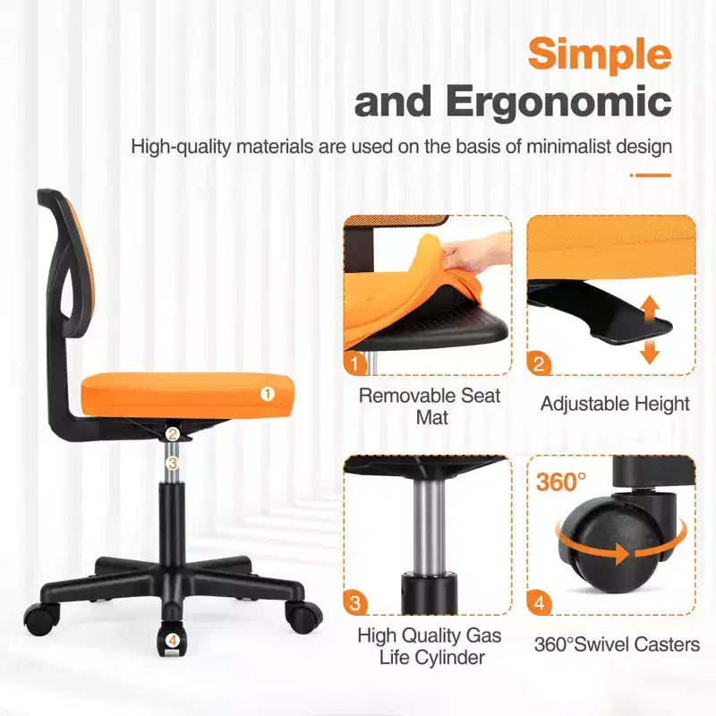 Silla de oficina de malla sin brazos con altura ajustable y soporte lumbar, silla de escritorio giratoria con ruedas para espacios pequeños