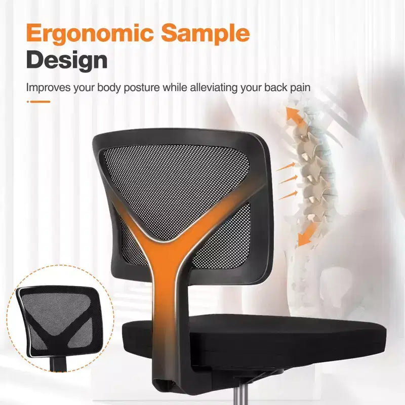 Silla de oficina de malla sin brazos con altura ajustable y soporte lumbar, silla de escritorio giratoria con ruedas para espacios pequeños