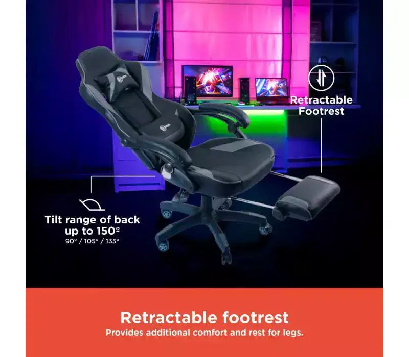 Sillón Gamer RadioShack negro y gris, sillón ergonómico estilo competición con altura ajustable, reposapiés, soporte lumbar y acolchado cómodo