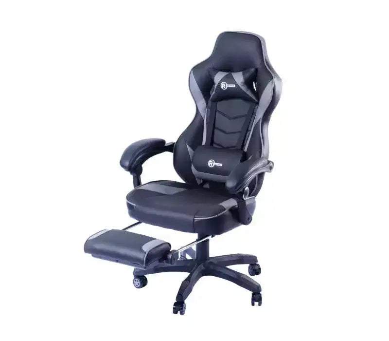 Sillón Gamer RadioShack negro y gris, sillón ergonómico estilo competición con altura ajustable, reposapiés, soporte lumbar y acolchado cómodo