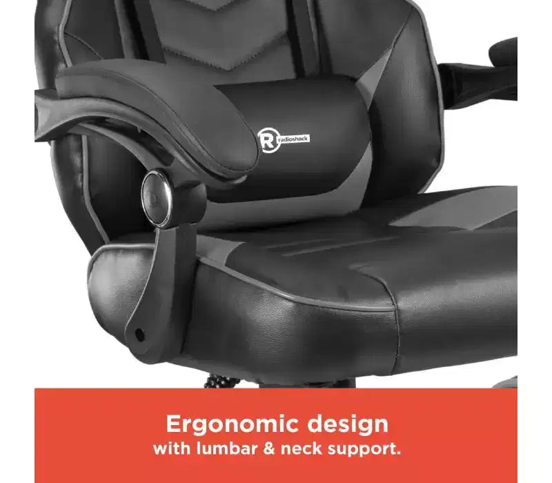 Sillón Gamer RadioShack negro y gris, sillón ergonómico estilo competición con altura ajustable, reposapiés, soporte lumbar y acolchado cómodo