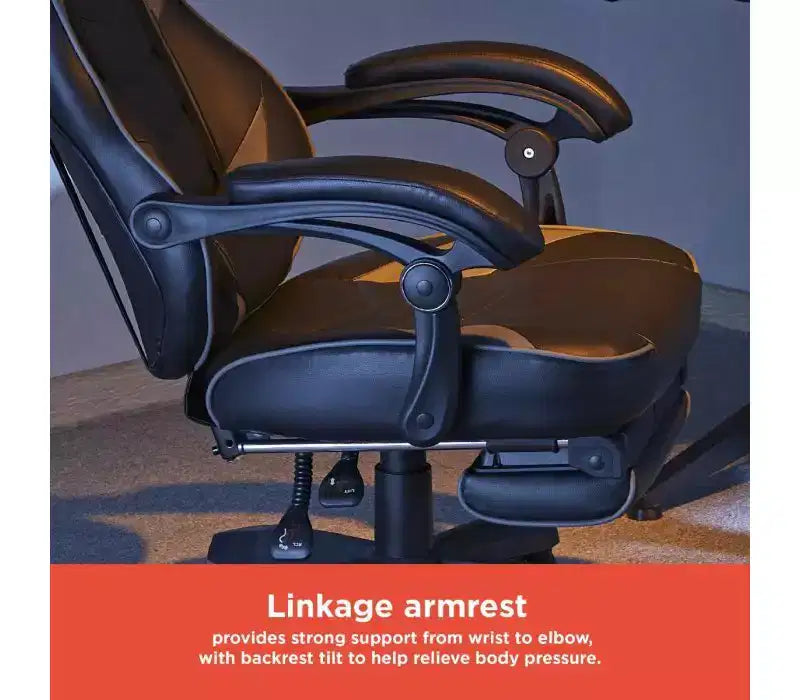 Sillón Gamer RadioShack negro y gris, sillón ergonómico estilo competición con altura ajustable, reposapiés, soporte lumbar y acolchado cómodo
