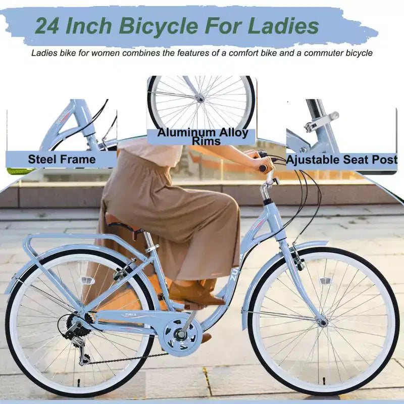 Bicicleta de dama Zeus & Ruta de 24 pulgadas con 7 velocidades y cuadro de acero