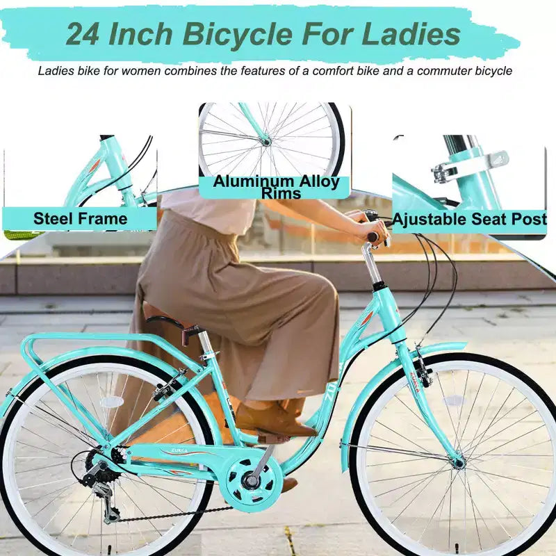 Bicicleta de dama Zeus & Ruta de 24 pulgadas con 7 velocidades y cuadro de acero