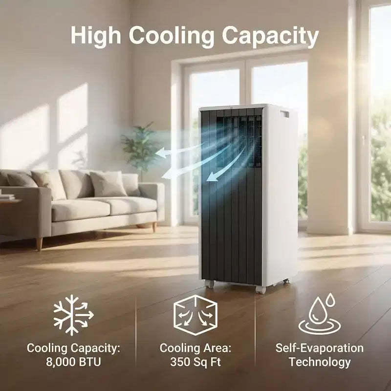 Aire acondicionado portátil de 8.000 BTU, enfría habitaciones de hasta 32,5 m², deshumidificador, ventilador, modo de suspensión, control remoto, unidad de CA silenciosa con kit de montaje para ventana