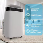 Aire acondicionado portátil Acekool 10000 BTU, 3 en 1 con ventilador y deshumidificador, control remoto, 3 velocidades, temporizador de 24 horas, enfría habitaciones de hasta 42 m², fácil instalación