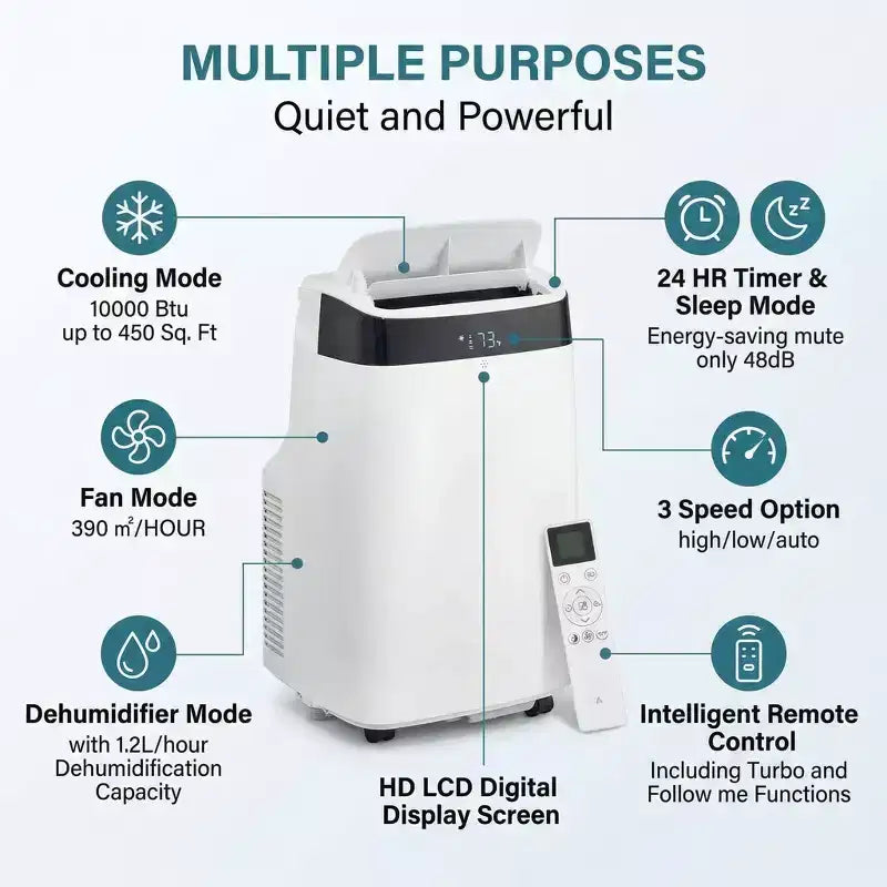 Aire acondicionado portátil Acekool 10000 BTU, 3 en 1 con ventilador y deshumidificador, control remoto, 3 velocidades, temporizador de 24 horas, enfría habitaciones de hasta 42 m², fácil instalación