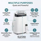 Aire acondicionado portátil Acekool 10000 BTU, 3 en 1 con ventilador y deshumidificador, control remoto, 3 velocidades, temporizador de 24 horas, enfría habitaciones de hasta 42 m², fácil instalación
