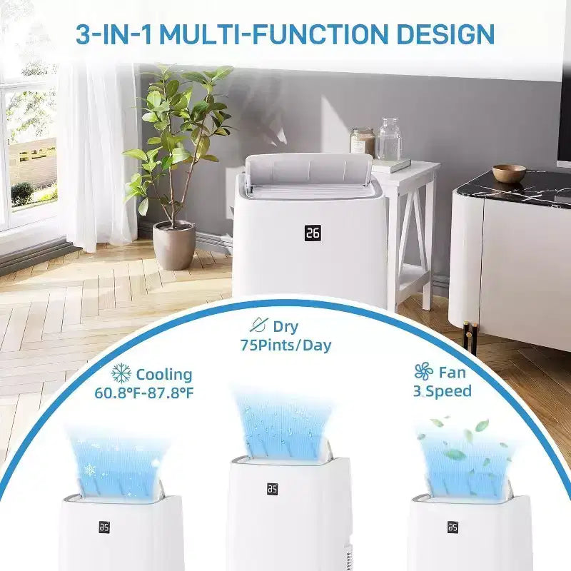 Acekool Aire Acondicionado Portátil de 14000 BTU, 3 en 1 Silencioso con Deshumidificador y Ventilador, Control Remoto, Temporizador, Enfría hasta 70 m², Fácil Instalación, Movilidad