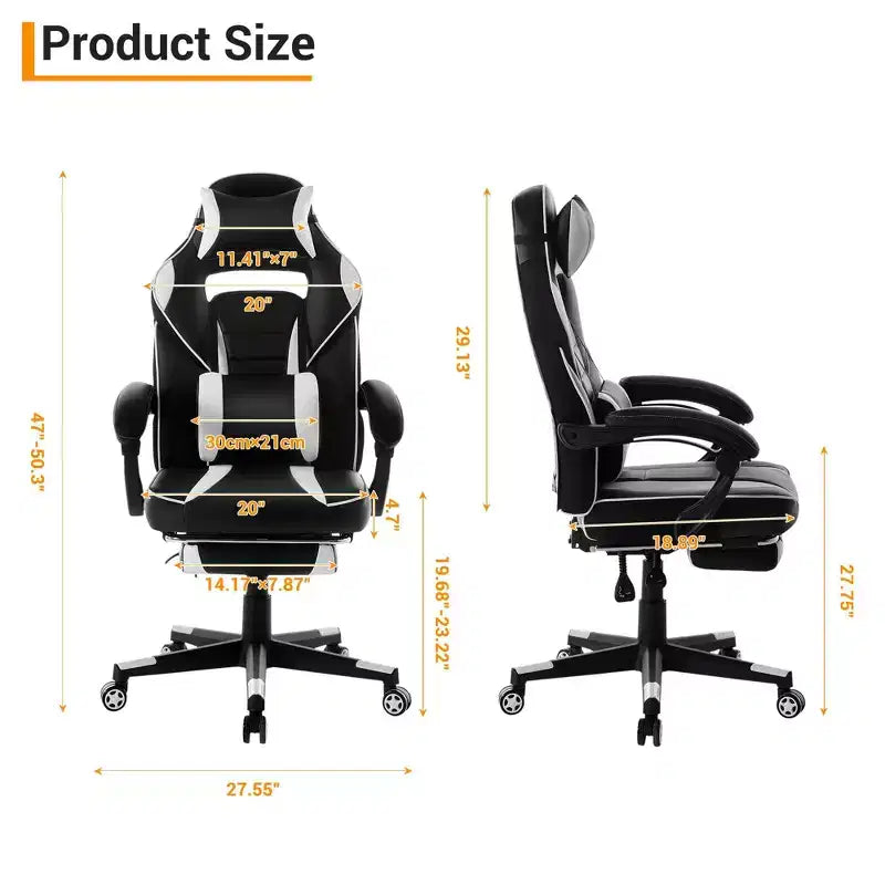 Silla gaming de altura regulable con giro de 360 grados, reposapiés retráctil y reposacabezas, silla ergonómica de oficina de piel sintética con respaldo alto para ordenador