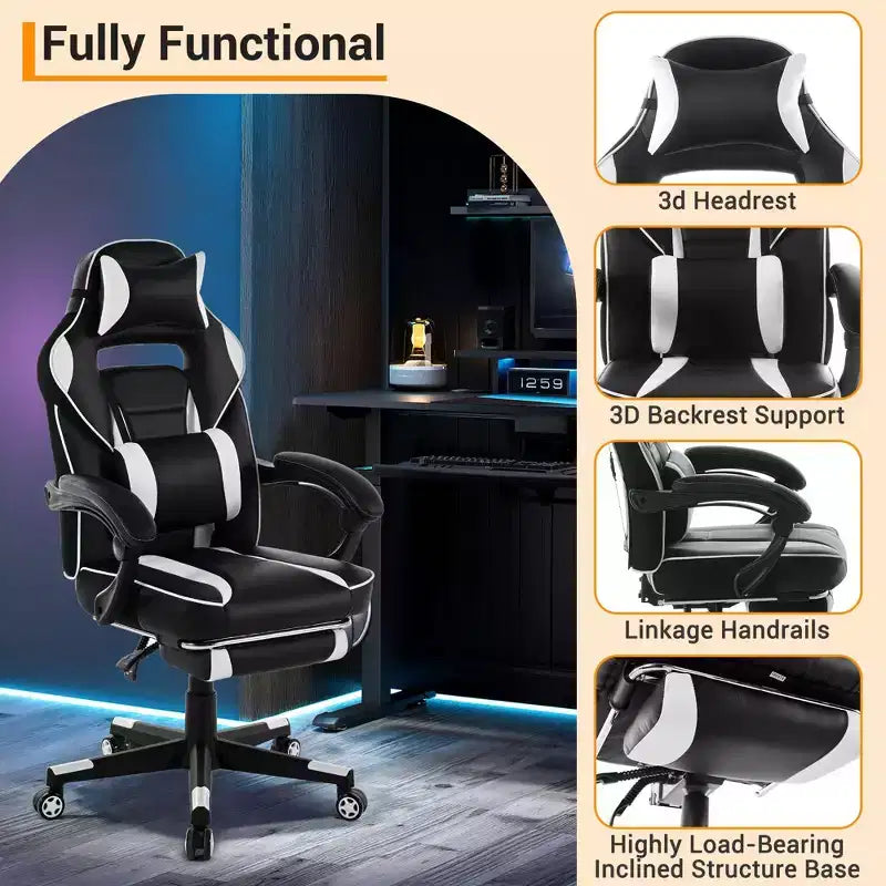 Silla gaming de altura regulable con giro de 360 grados, reposapiés retráctil y reposacabezas, silla ergonómica de oficina de piel sintética con respaldo alto para ordenador