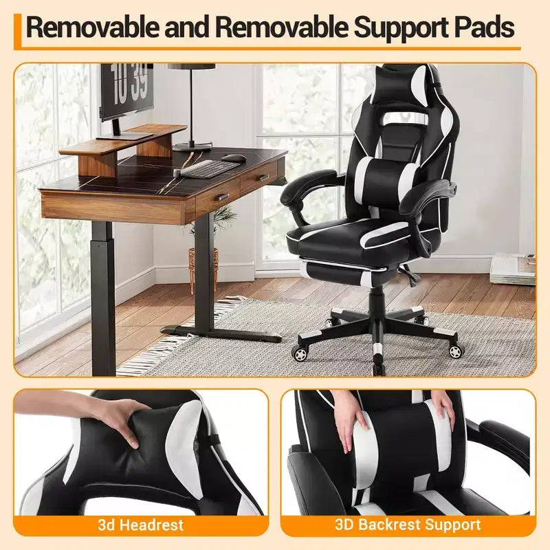 Silla gaming de altura regulable con giro de 360 grados, reposapiés retráctil y reposacabezas, silla ergonómica de oficina de piel sintética con respaldo alto para ordenador