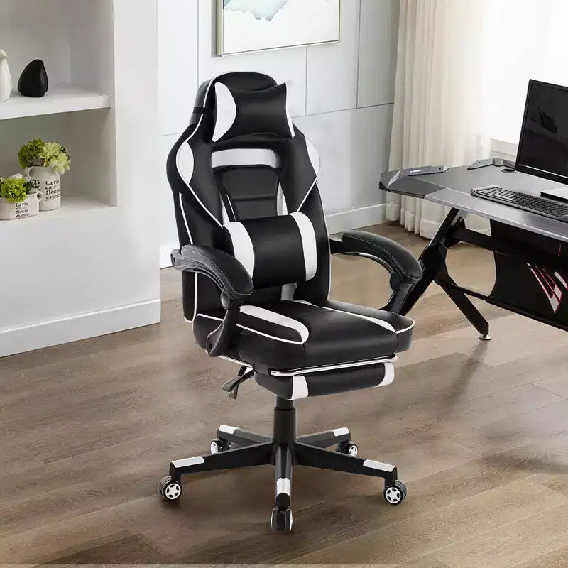 Silla gaming de altura regulable con giro de 360 grados, reposapiés retráctil y reposacabezas, silla ergonómica de oficina de piel sintética con respaldo alto para ordenador