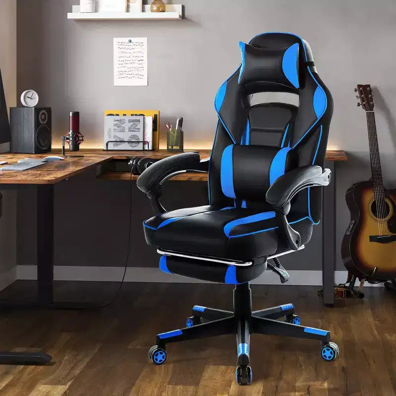 Silla gaming de altura regulable con giro de 360 grados, reposapiés retráctil y reposacabezas, silla ergonómica de oficina de piel sintética con respaldo alto para ordenador