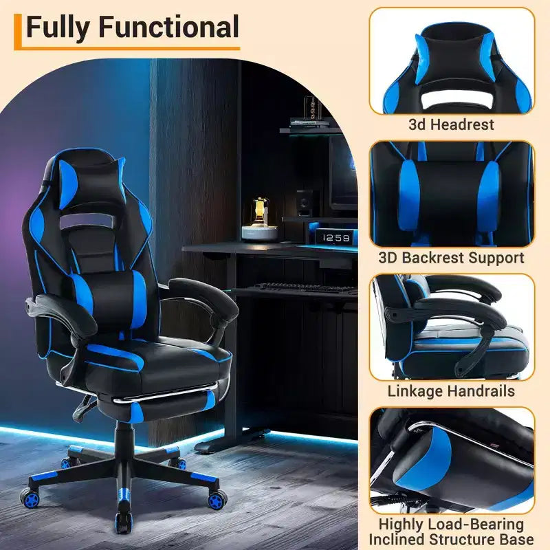 Silla gaming de altura regulable con giro de 360 grados, reposapiés retráctil y reposacabezas, silla ergonómica de oficina de piel sintética con respaldo alto para ordenador