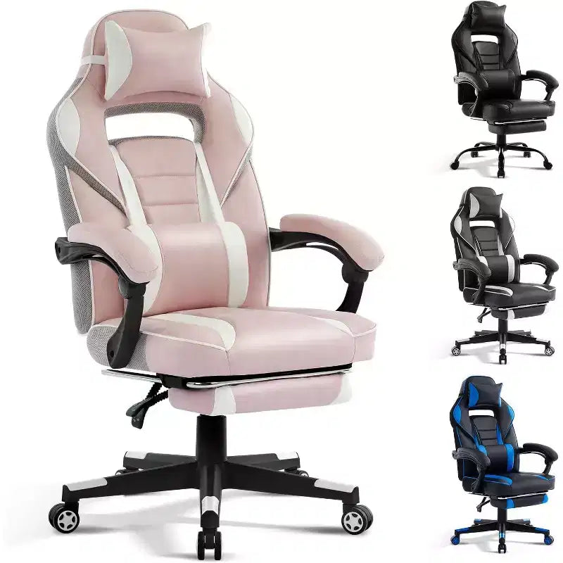 Silla gaming de altura regulable con giro de 360 grados, reposapiés retráctil y reposacabezas, silla ergonómica de oficina de piel sintética con respaldo alto para ordenador