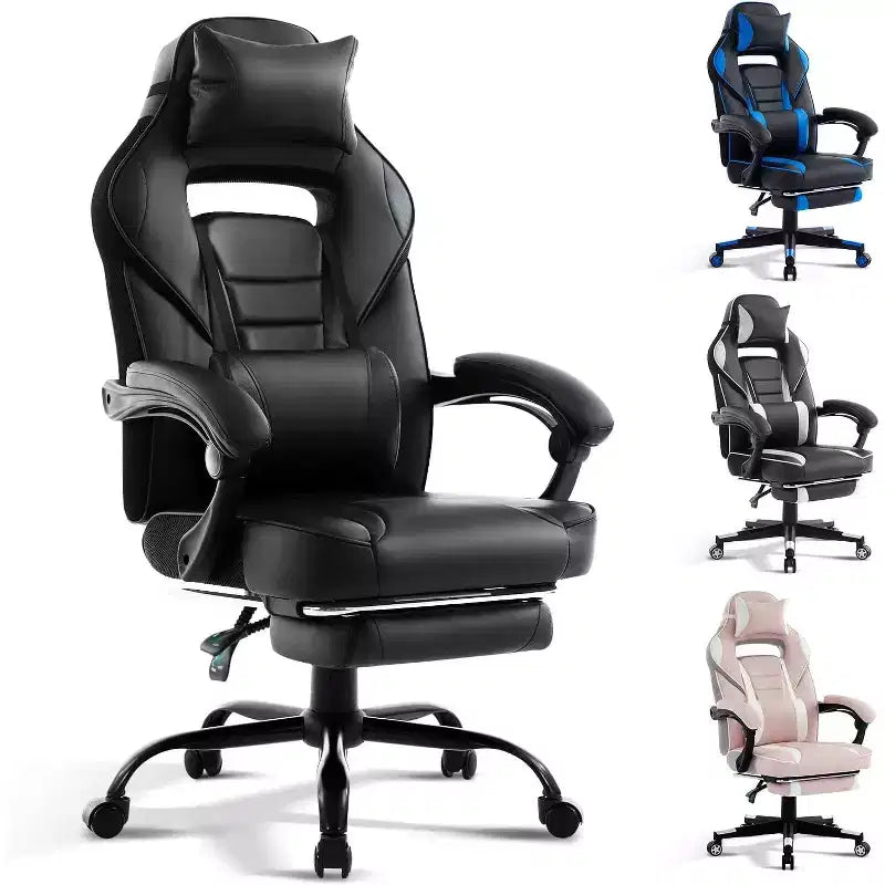 Silla gaming de altura regulable con giro de 360 grados, reposapiés retráctil y reposacabezas, silla ergonómica de oficina de piel sintética con respaldo alto para ordenador