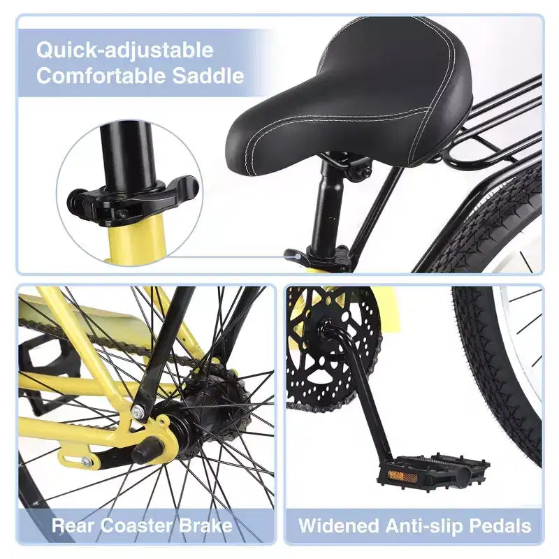 Bicicleta de paseo NAYSAYE Beach Cruiser, ruedas de 26 pulgadas, 7 velocidades, freno en V, sillín cómodo, bicicleta cruiser retro clásica, bicicleta urbana para mujeres, hombres y personas mayores.