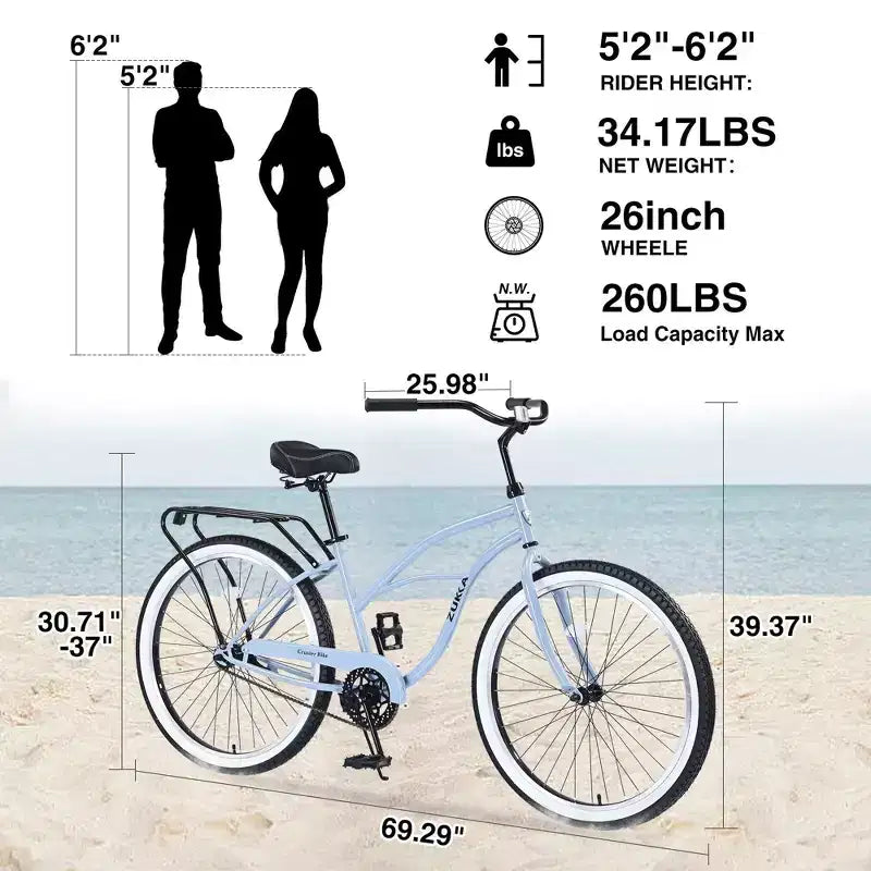 Bicicleta de paseo NAYSAYE Beach Cruiser, ruedas de 26 pulgadas, 7 velocidades, freno en V, sillín cómodo, bicicleta cruiser retro clásica, bicicleta urbana para mujeres, hombres y personas mayores.