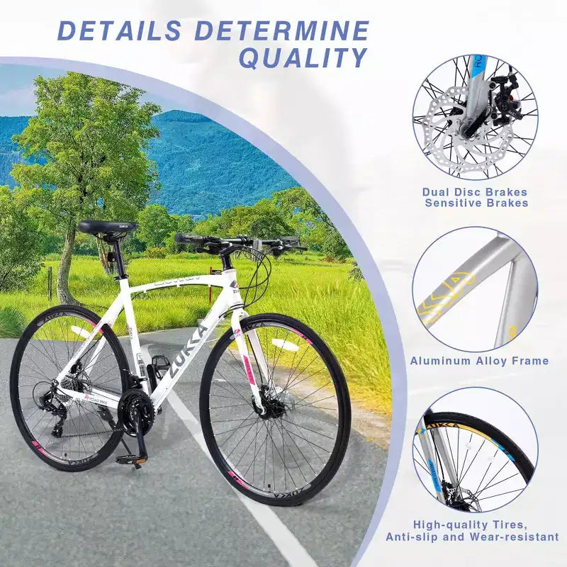 NAYSAYE Bicicleta Híbrida de 24 Velocidades Frenos de Disco Cuadro de Aluminio para Hombres y Mujeres para Ciclismo Urbano, Blanca, 67.32*14.56*39.37