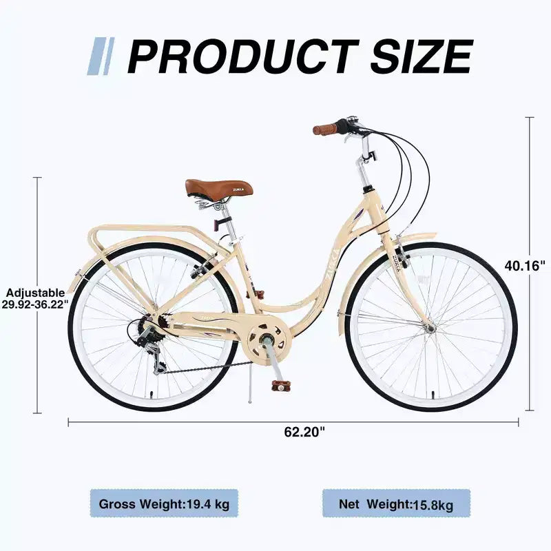 Bicicleta de 7 velocidades NAYSAYE con cuadro de acero para mujer de 24 pulgadas para viajes diarios y ocio para paseos urbanos, beige, 62.2*23.62*40.16