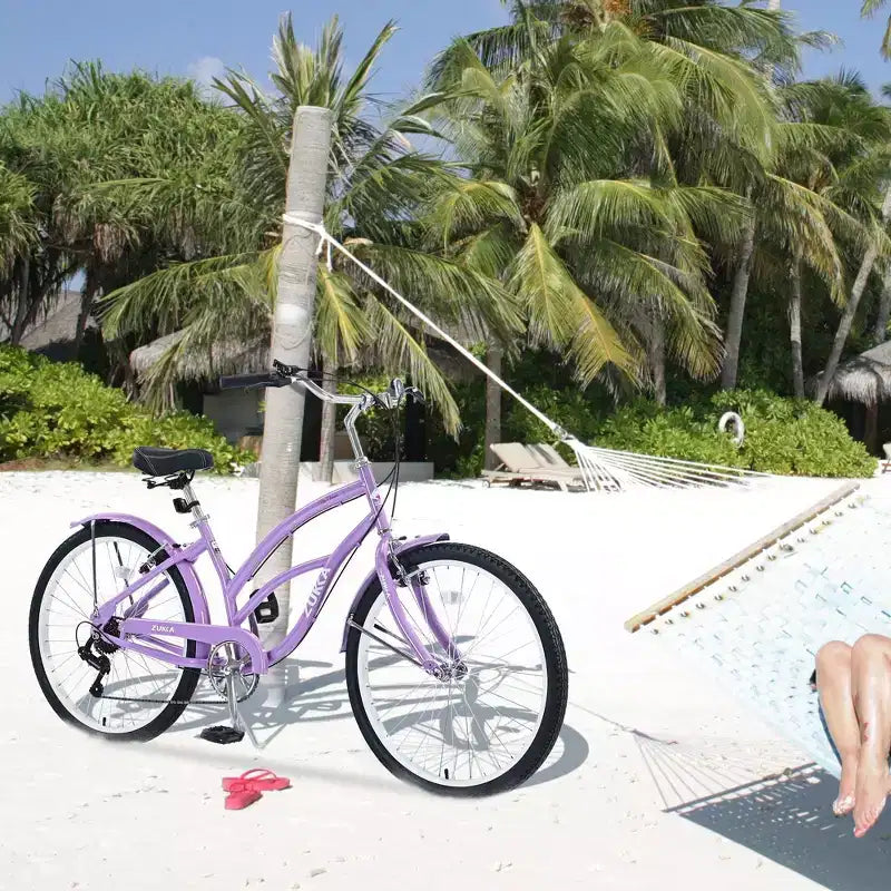 Bicicleta NAYSAYE de 7 velocidades y 26 pulgadas, tipo cruiser de playa con cuadro de acero para mujer, para paseos cómodos, color morado, 69.96*28.32*43.2