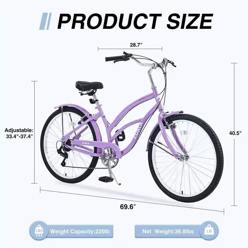 Bicicleta NAYSAYE de 7 velocidades y 26 pulgadas, tipo cruiser de playa con cuadro de acero para mujer, para paseos cómodos, color morado, 69.96*28.32*43.2