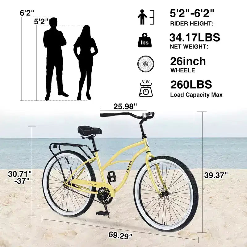 NAYSAYE Bicicleta Playera de Una Velocidad de 26 Pulgadas, Cuadro de Acero para Mujer para Paseos Relajados, Amarillo, 69.29*25.98*39.37
