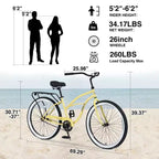 NAYSAYE Bicicleta Playera de Una Velocidad de 26 Pulgadas, Cuadro de Acero para Mujer para Paseos Relajados, Amarillo, 69.29*25.98*39.37