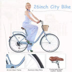 Bicicleta urbana NAYSAYE de 7 velocidades con cesta, cuadro de acero para niñas para desplazamientos y ocio, azul, 66.93*24.8*41.34