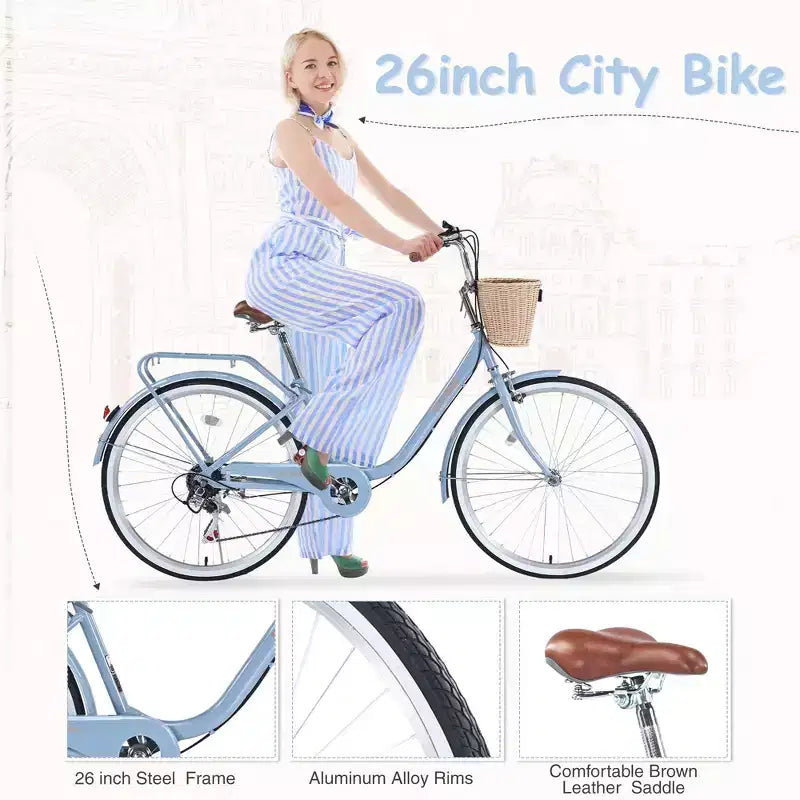 Bicicleta urbana NAYSAYE de 7 velocidades con cesta, cuadro de acero para niñas para desplazamientos y ocio, azul, 66.93*24.8*41.34