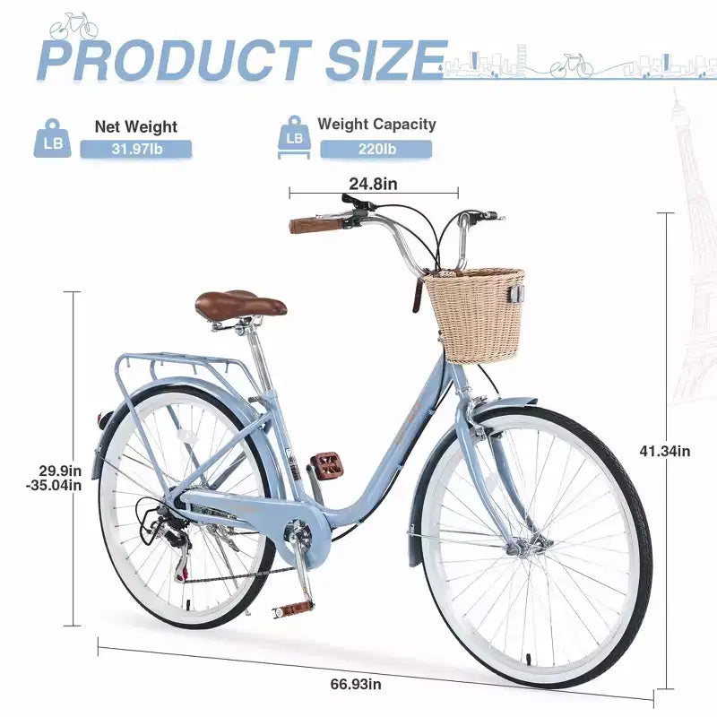 Bicicleta urbana NAYSAYE de 7 velocidades con cesta, cuadro de acero para niñas para desplazamientos y ocio, azul, 66.93*24.8*41.34
