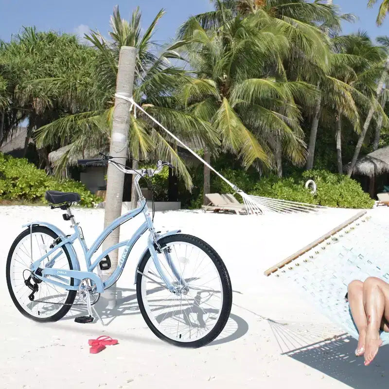 NAYSAYE Bicicleta de paseo de 7 velocidades de 26 pulgadas con cuadro de acero para mujer para paseos cómodos, azul claro, 69.96*28.32*43.2