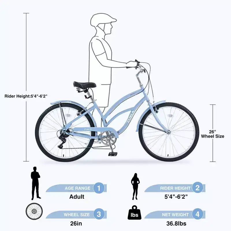 NAYSAYE Bicicleta de paseo de 7 velocidades de 26 pulgadas con cuadro de acero para mujer para paseos cómodos, azul claro, 69.96*28.32*43.2