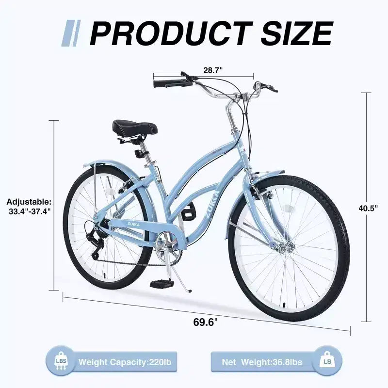 NAYSAYE Bicicleta de paseo de 7 velocidades de 26 pulgadas con cuadro de acero para mujer para paseos cómodos, azul claro, 69.96*28.32*43.2