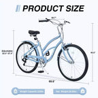 NAYSAYE Bicicleta de paseo de 7 velocidades de 26 pulgadas con cuadro de acero para mujer para paseos cómodos, azul claro, 69.96*28.32*43.2