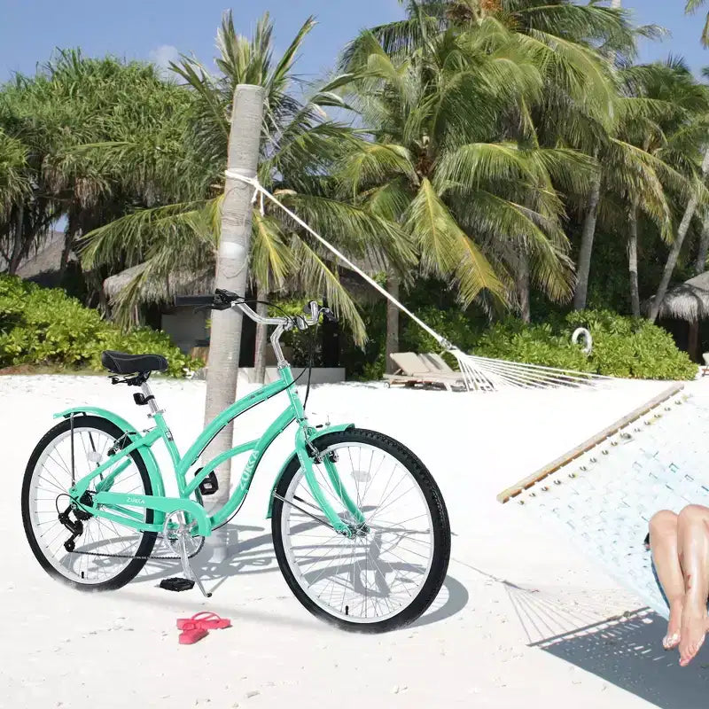 NAYSAYE Bicicleta Playera de 26 Pulgadas para Adultos, Bicicleta de Paseo de 7 Velocidades con Cuadro de Acero para Mujeres para Paseos Cómodos, Verde Menta, 69.6*28.5*40.5