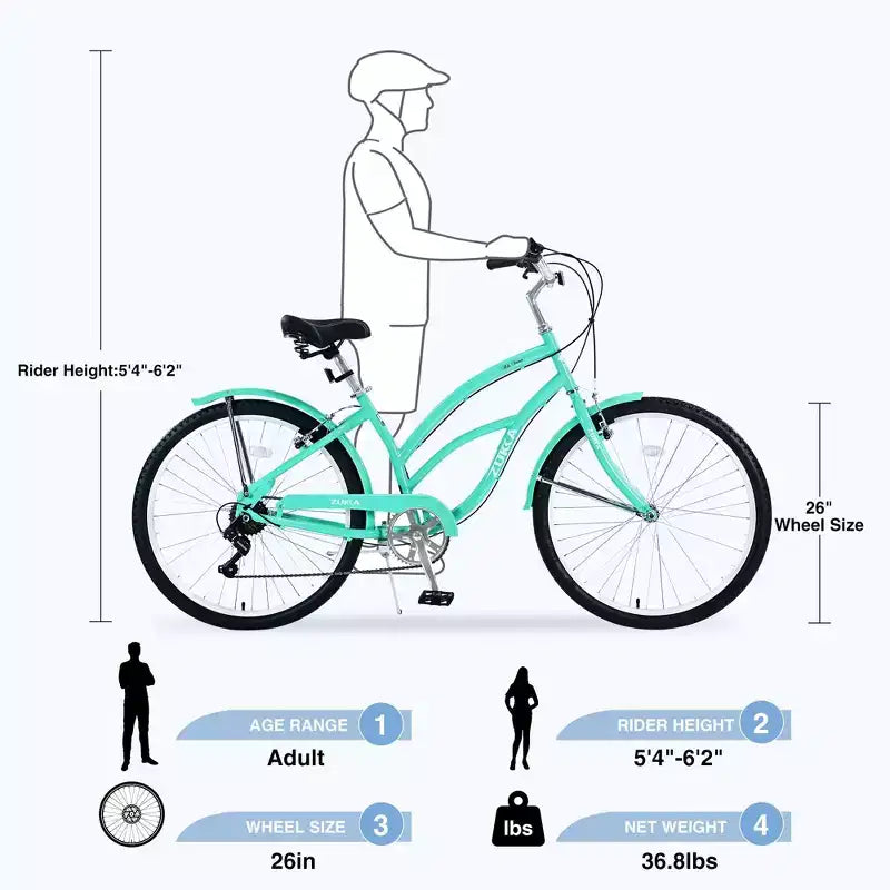NAYSAYE Bicicleta Playera de 26 Pulgadas para Adultos, Bicicleta de Paseo de 7 Velocidades con Cuadro de Acero para Mujeres para Paseos Cómodos, Verde Menta, 69.6*28.5*40.5