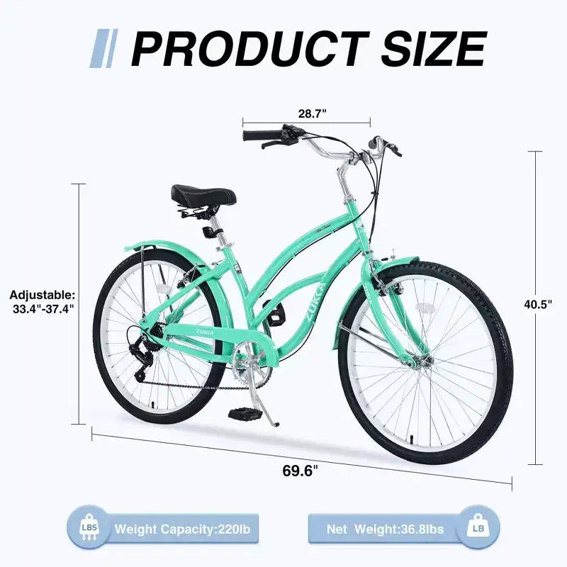 NAYSAYE Bicicleta Playera de 26 Pulgadas para Adultos, Bicicleta de Paseo de 7 Velocidades con Cuadro de Acero para Mujeres para Paseos Cómodos, Verde Menta, 69.6*28.5*40.5