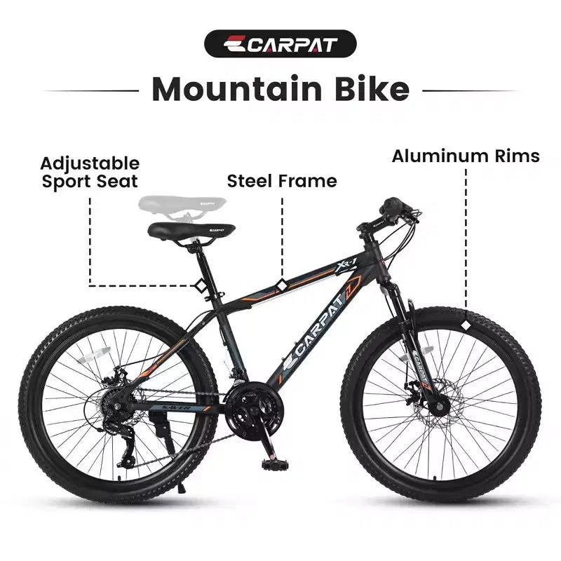 NAYSAYE Bicicleta de Montaña de 24 Pulgadas, 21 Velocidades, Cuadro de Acero para Niños y Niñas, para Aventuras Todo Terreno, Negro y Naranja, 56.3*7.88*28.35