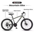 NAYSAYE Bicicleta de montaña de 24 pulgadas, 21 velocidades, cuadro de acero para niños y niñas, para aventuras todoterreno, gris, 56.3*7.88*28.35