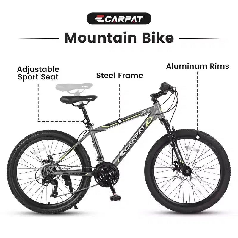 NAYSAYE Bicicleta de montaña de 24 pulgadas, 21 velocidades, cuadro de acero para niños y niñas, para aventuras todoterreno, gris, 56.3*7.88*28.35
