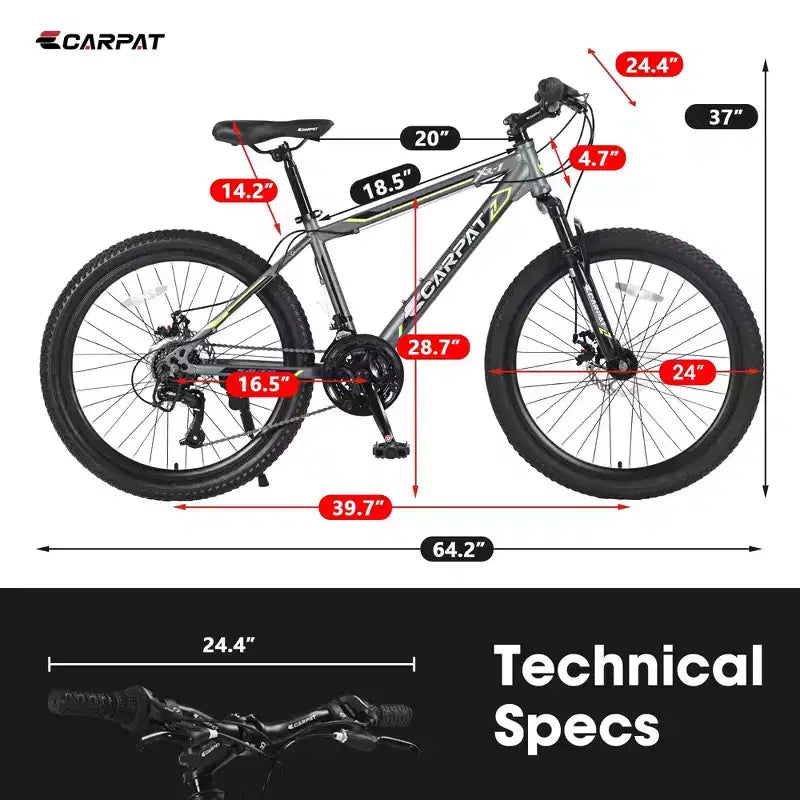 NAYSAYE Bicicleta de montaña de 24 pulgadas, 21 velocidades, cuadro de acero para niños y niñas, para aventuras todoterreno, gris, 56.3*7.88*28.35