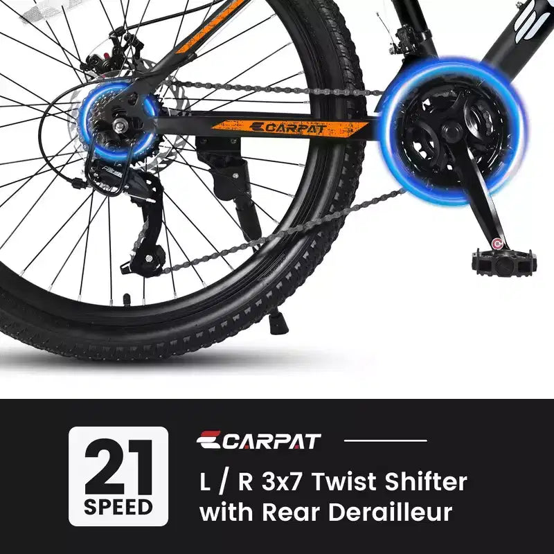 Bicicleta de montaña NAYSAYE de 26 pulgadas y 21 velocidades con frenos de disco mecánicos para todoterreno, naranja, 71*25*39.3