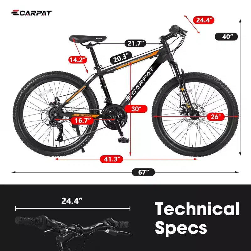 Bicicleta de montaña NAYSAYE de 26 pulgadas y 21 velocidades con frenos de disco mecánicos para todoterreno, naranja, 71*25*39.3