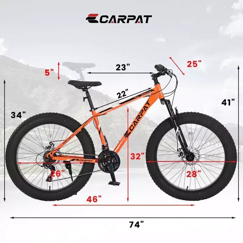 Bicicleta NAYSAYE de 26 pulgadas con neumáticos gruesos, 21 velocidades, engranaje completo para adultos y jóvenes para todoterreno, naranja, 74*25*41