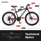 Bicicleta de montaña NAYSAYE de 24 pulgadas, 21 velocidades, cuadro de acero para niños y niñas para senderos todoterreno, negro y verde, 56.3*7.88*28.35